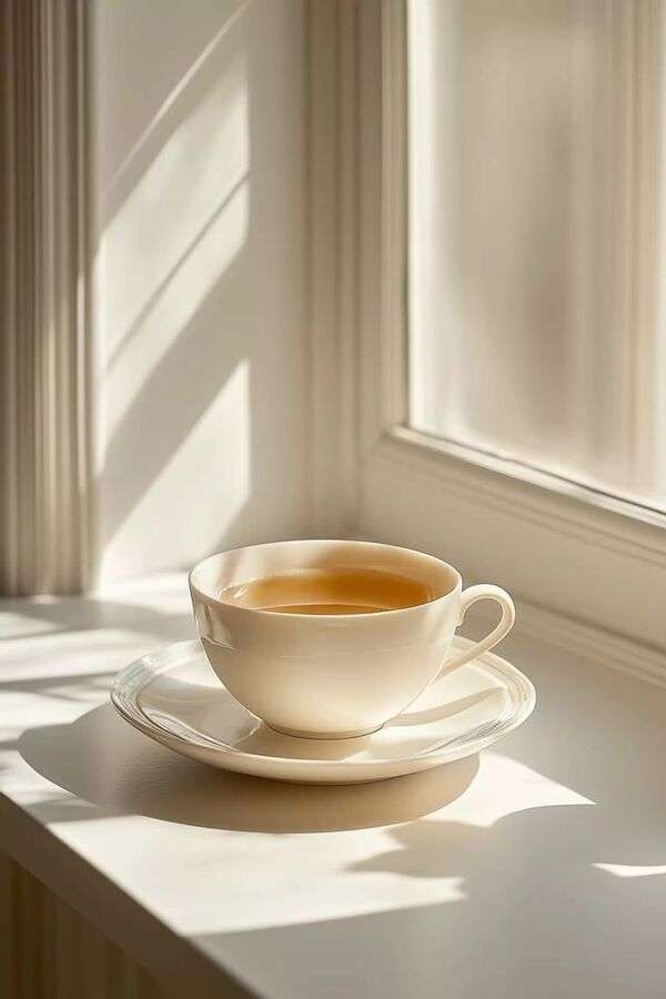Cup of tea on a calm indoor table with warm natural light